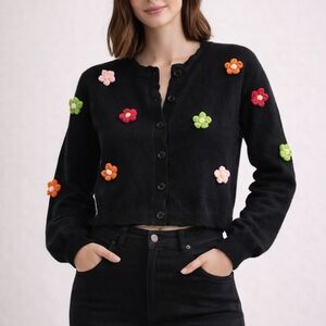 Cider Black Cropped Cardigan with Multicolor Daisy Appliqués